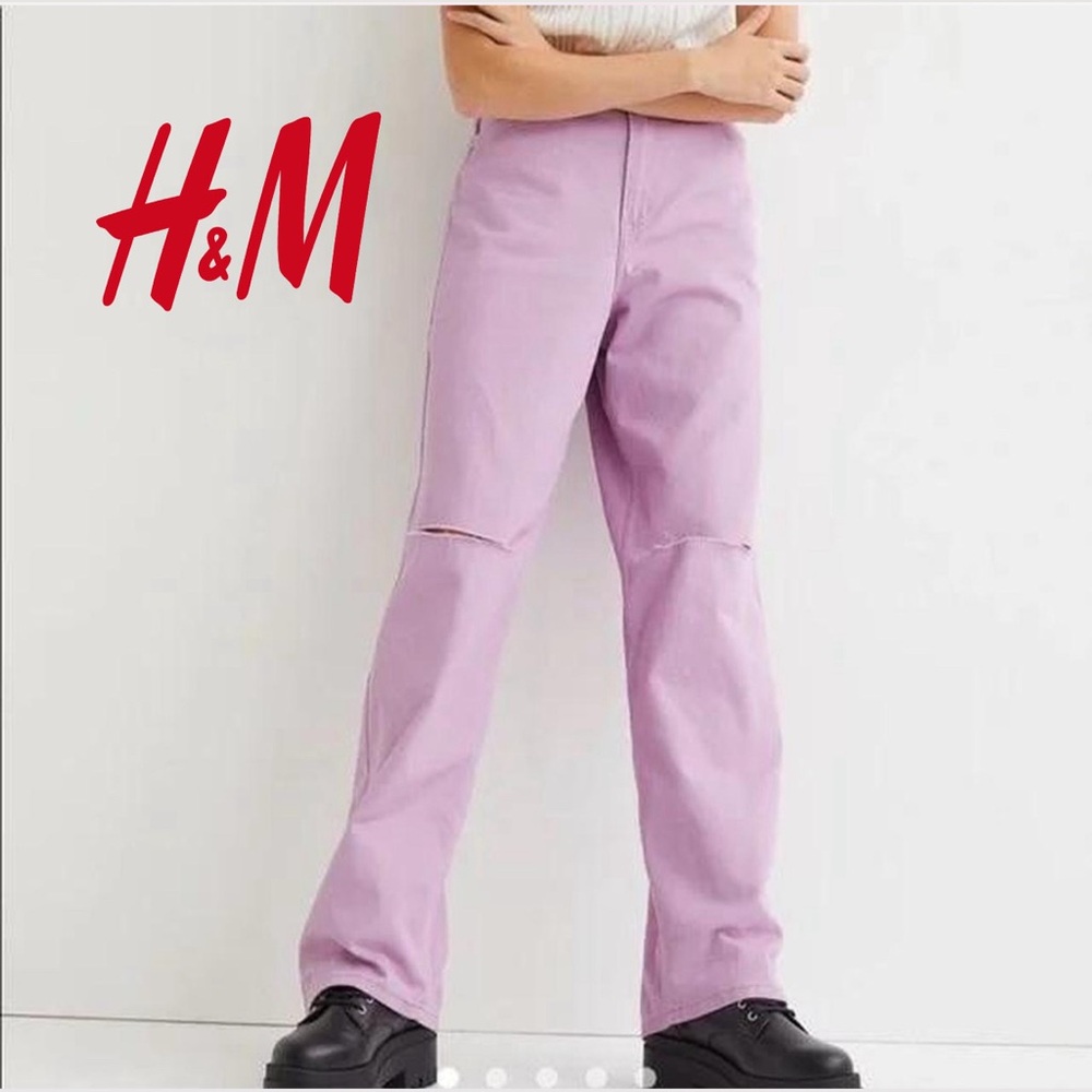 H&M “DIVIDED” Loose distressed Pink Loose wide leg jeans